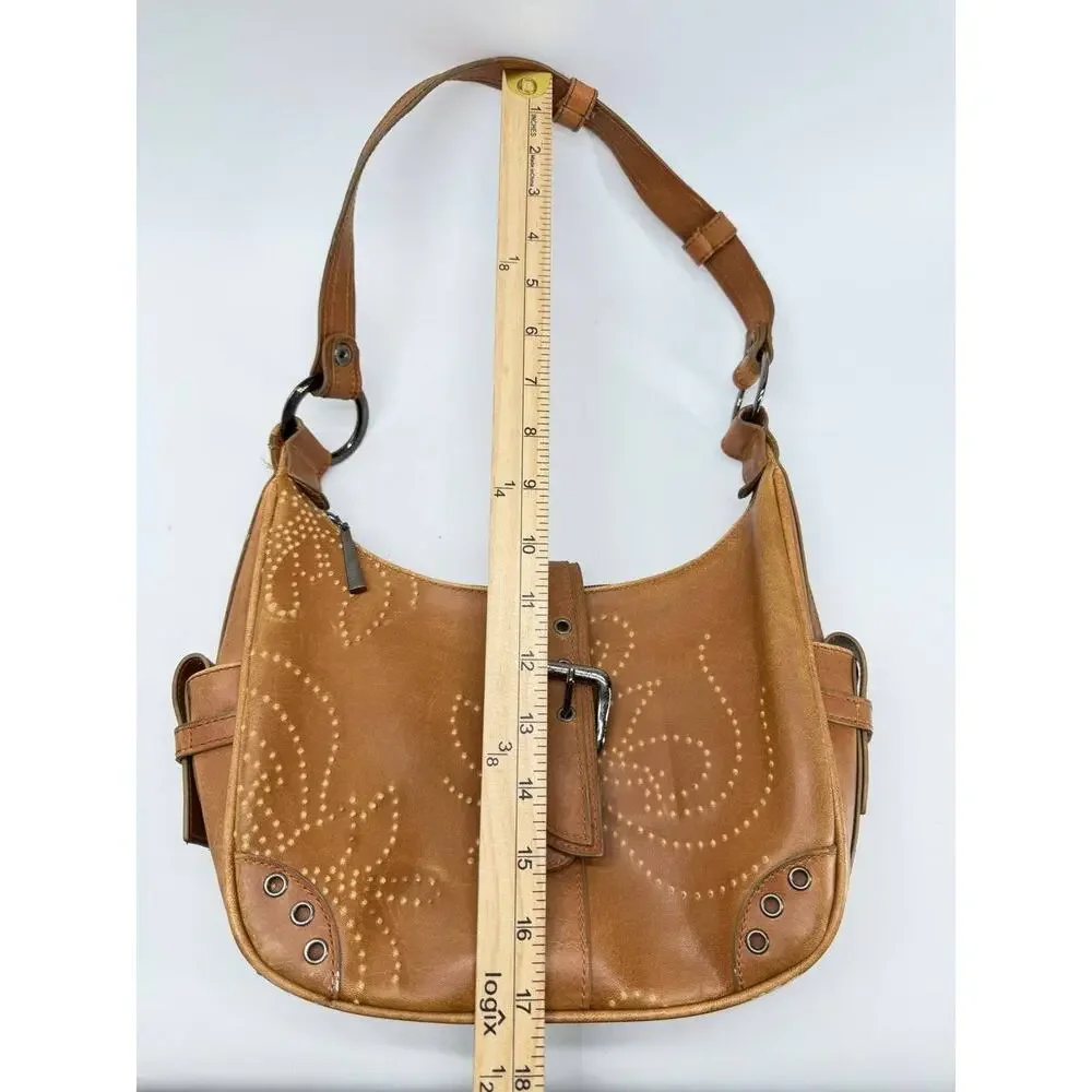 Kaela Brown Faux Leather Hobo Shoulder Bag Western Buckle Studded Swirl Purse